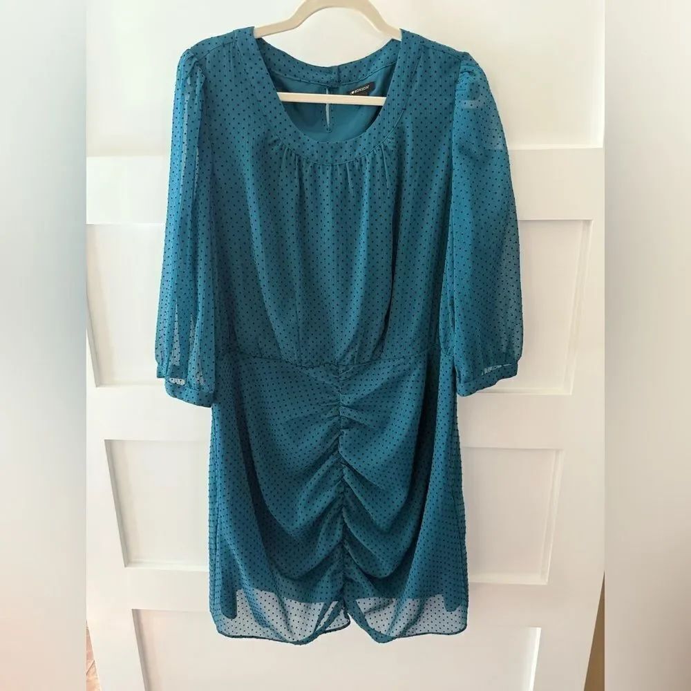 vintage I Love Ronson teal dress black polka dot ruched detail size xl